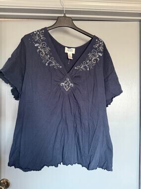 Mainstreet Blues Women's 100% Cotton Knit Embroidered Pullover V-Neck Top sz 3X